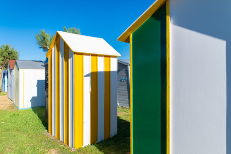 Wooden beach cabins on the Oleron island in France, colorful hutsの写真素材