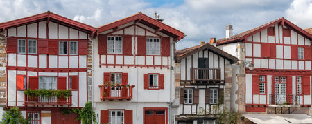Typical houses in the village of Ainhoa in the Basque countryの写真素材