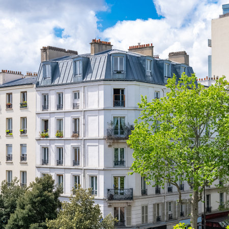 Paris, beautiful buildings, view from the coulee verte Rene-dumont in the 12th district, footpathの写真素材