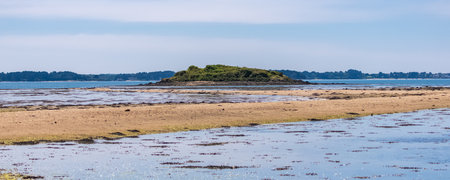 Brittany, panorama of the Morbihan gulf, view from the Ile aux Moines, small island at low tideの写真素材