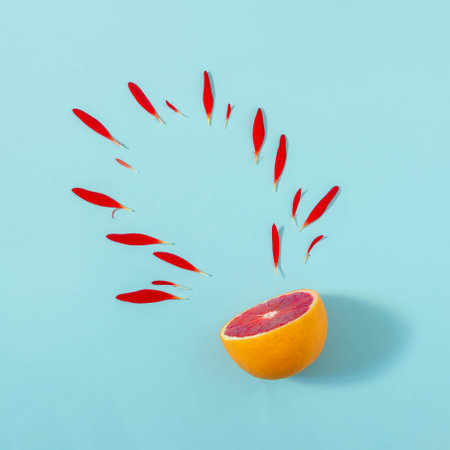 Creative summer layout made of red orange and red flower petals on bright blue background. Fruit minimal concept 2の写真素材