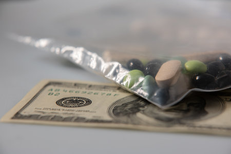 Drugs in plastic bag on top of 100 Dollar Bills. Buying Drugs and medicine. Illegal Drugs ans...
