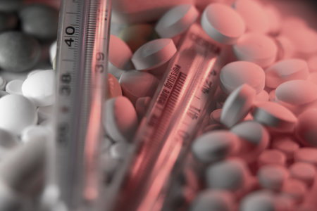 Fever thermometer showing high fever in italian (febbre fortissima). Thermometer on pills. Virus and Coronavirus high fever.の写真素材