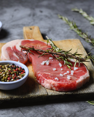 A vertical shot of a fresh slice of raw steak on a wooden cutting board with rosemary leaves around itの写真素材