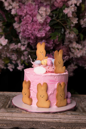 An Easter cake decorated with bunnies