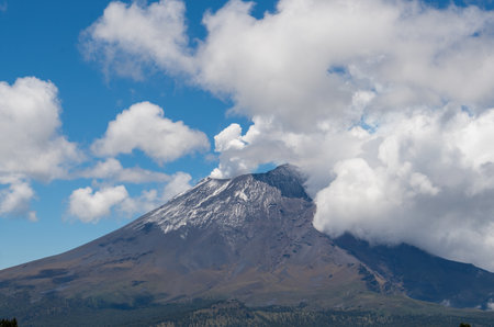 An aerial shot of the Popocatepetl volcano in Mexicoの写真素材