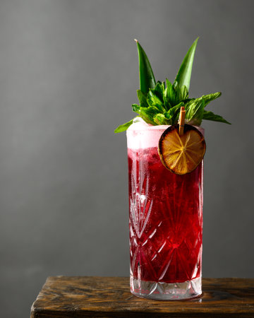 A vertical shot of a refreshing red alcoholic drink with mint and dried lemon on it on a wooden tableの写真素材