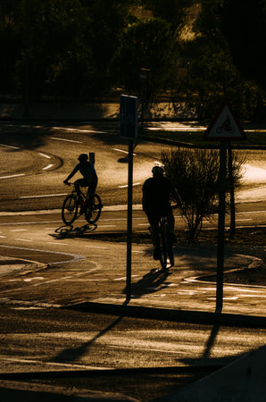 A vertical shot of silhouettes of friends riding bikes at nightの写真素材
