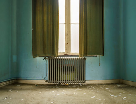 A view of the radiator under the window covered halfway with curtains in the abandoned roomの写真素材