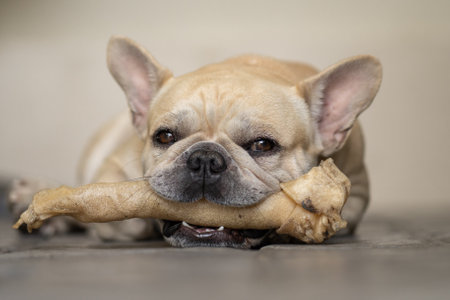 A french bulldog biting rawhide bone while lying on the groundの写真素材