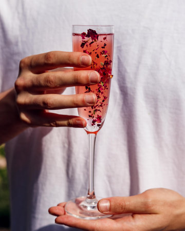 A vertical shot of a person holding a glass of pink wine with flowers in it outdoorsの写真素材