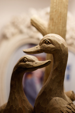 A beautiful sculpture of two ducks made of clayの写真素材
