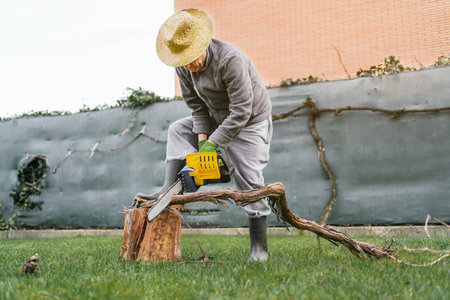 A caucasian male in safety gloves cuttingwood with a chainsaw  outdoorsの写真素材
