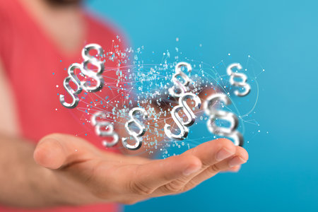 A 3D rendered section signs held in person's hand