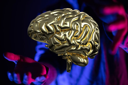 A 3d rendered golden brain between the hands of a maleの写真素材