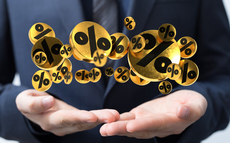 A 3D render of floating percentage symbols over a businessman's hands