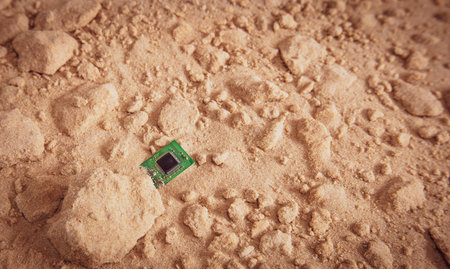 An overhead shot of a dry sand powder with clots and a microchip