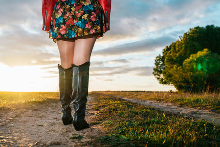 A closeup of the legs of a female wearing drees and black boots walking in the field under a cloudy skyの写真素材