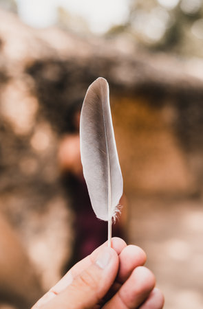 A closeup view of a person holding a feather in their hands on a blurry backgroundの写真素材