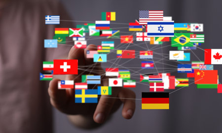A hand selecting from a a floating network of international flag symbols