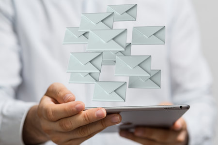 A person presenting the virtual projection of email marketing concept with digital envelopesの写真素材