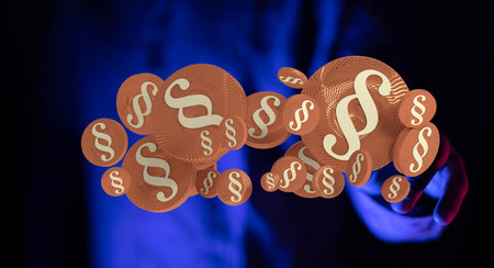 A lawyer selecting from a floating network of 3D law and justice symbols