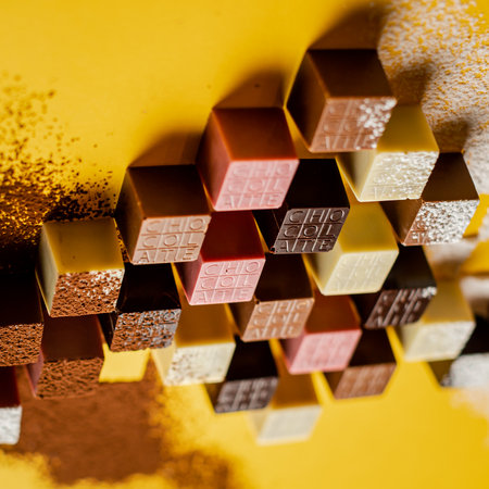 A closeup of chocolate assortment cubes with different flavors on a yellow backgroundの写真素材