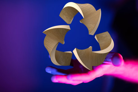 A 3D rendering of a recycling symbol with a real person holding it - ecology conceptの写真素材