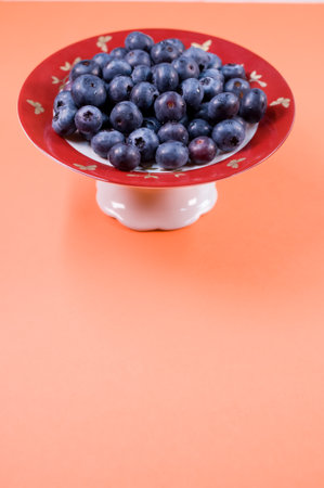 A vertical closeup of a red plate with blueberry on the orange background.の写真素材