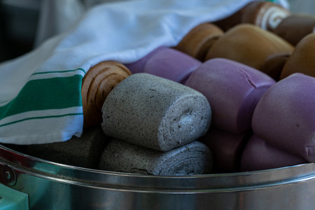 Chinese steam buns, close up shot in Chinatown, SInの写真素材