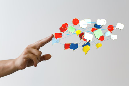 A person presenting the virtual projection of communication bubblesの写真素材