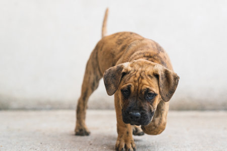 A closeup shot of a puppy in front of a white wallの写真素材