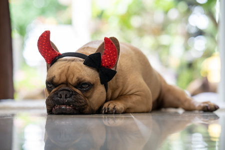 A closeup of a french bulldog wearing devil horns, lying tiredly indoorsの写真素材