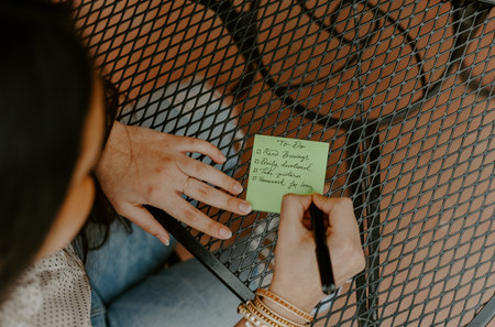 A closeup shot of a South Asian young woman writing something in the note paper sitting in the cafeの写真素材