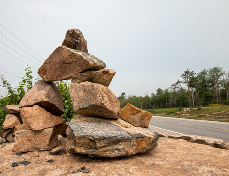 An inukshuk on the roadside in northern Ontario, Canadaの写真素材