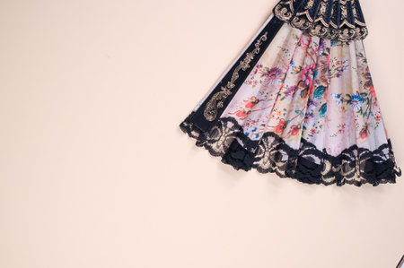 A closeup of a fan with lace on the cream background.の写真素材
