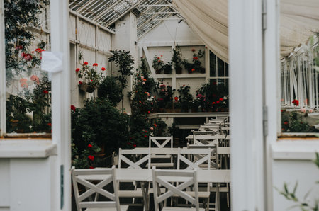 The colorful flowers on pots inside a wooden white building with chairs and tablesの写真素材