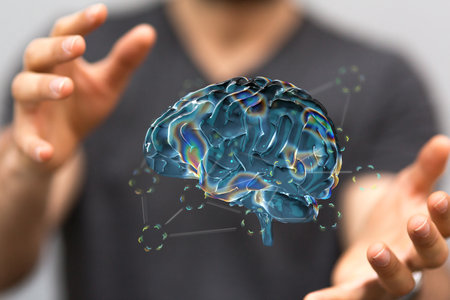 A digital concept of artificial intelligence with an illustration of a human brain in hands