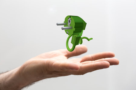 A 3D rendered green power plug over the hand of a mal on white background