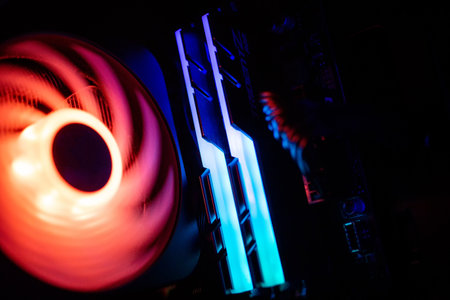 A closeup shot of a colorful working computer coolerの写真素材