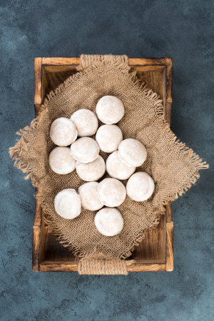 A top-view of peppernuts in a basket, traditional german Christmas sweets, Nuremberg gingerbreadの写真素材