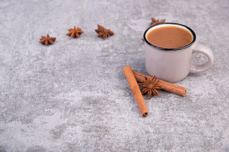 Hot chocolate drink with cinnamon and star anise, winter season, christmasの写真素材