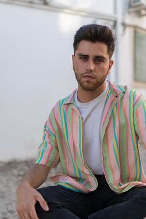 A handsome Caucasian guy wearing a striped shirt posing in the streetの写真素材