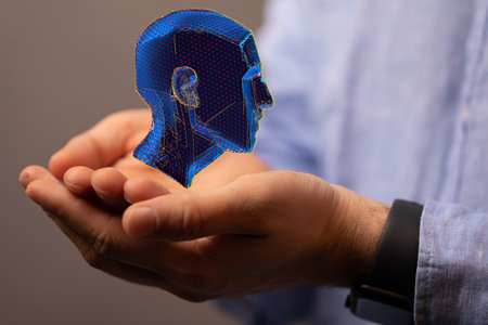 An abstract polygonal human face - 3D render of a cyborg head constructionの写真素材