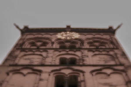 A low angle shot of a building with a clock on the facadの写真素材