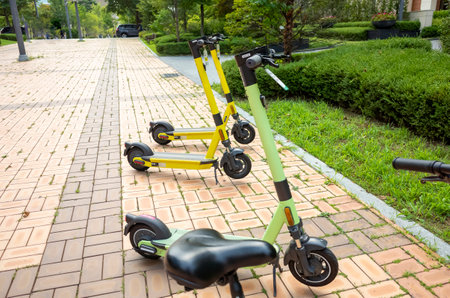 Shared kickboards requiring safety Kickboards as part of a shared economy. Shared kickboards requiring safetyの写真素材