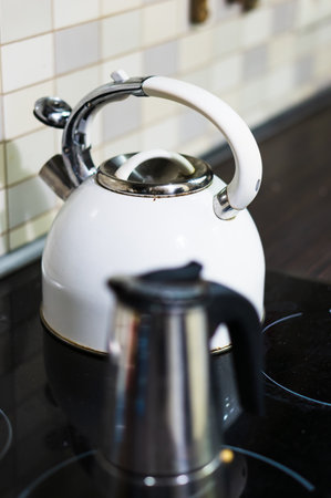 A vertical shot of a metal teapot on an electric stove