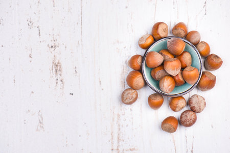 Hazelnuts on a textured background, empty copy space for text, healthy food, nutsの写真素材
