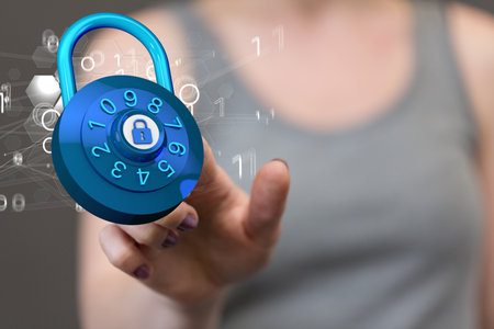 A person presenting the 3D render of digital locks - cybersecurity and information network protectionの写真素材