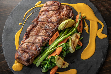 An overhead shot of grilled pork and vegetables with honey mustard sauce on aの写真素材